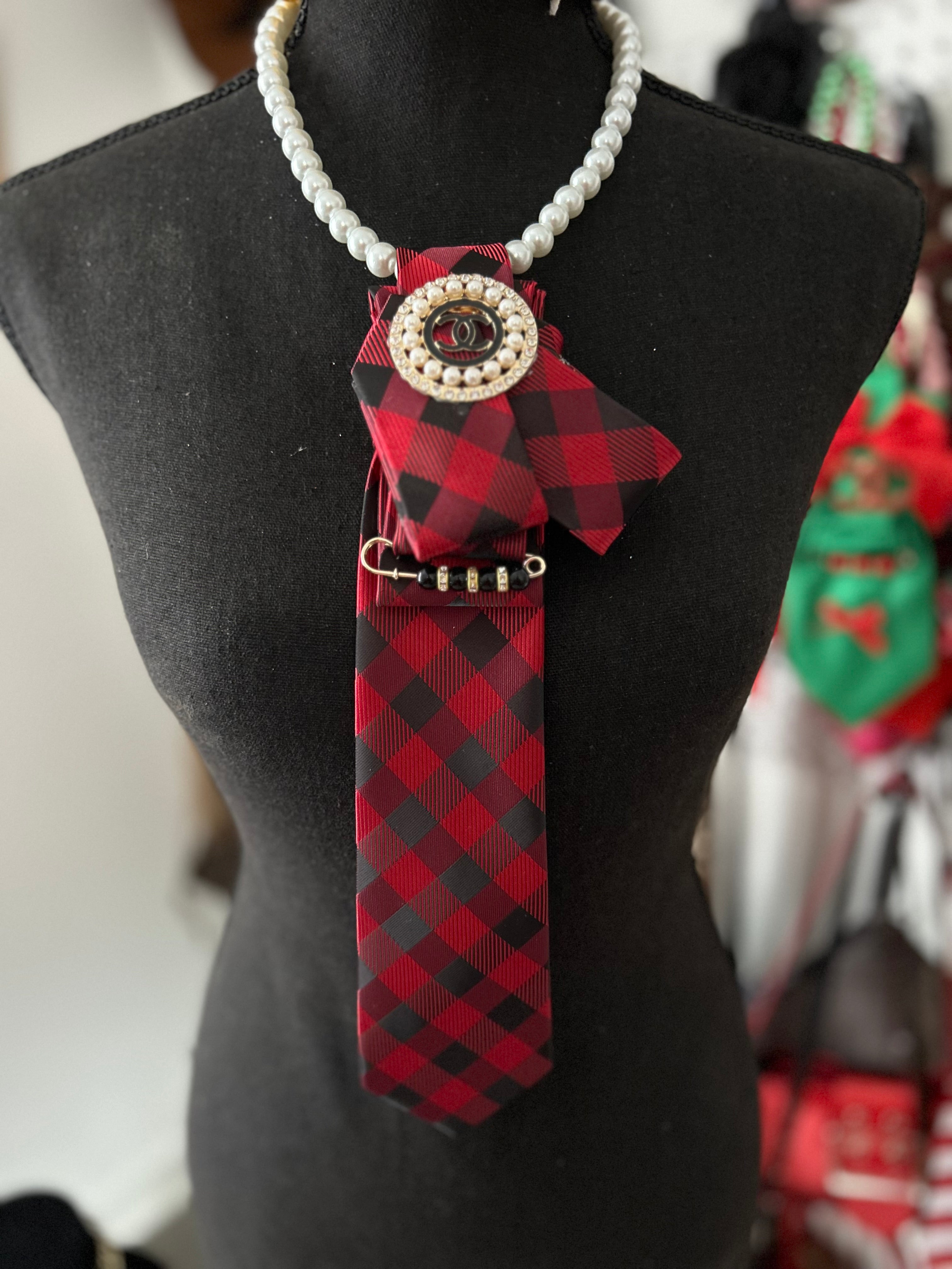 Red & Black plaid Tie Necklace